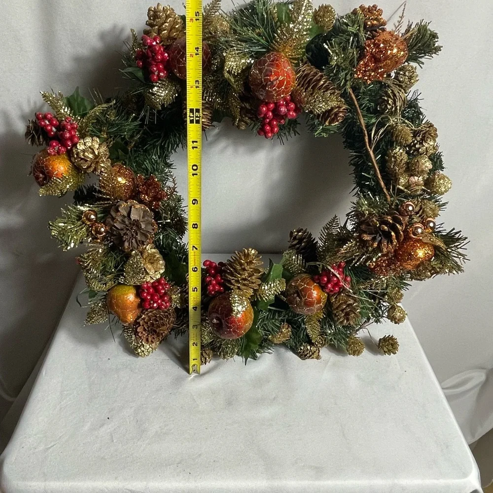 Festive Gold Pinecone & Red Berry Holiday Wreath 18” Christmas Decor